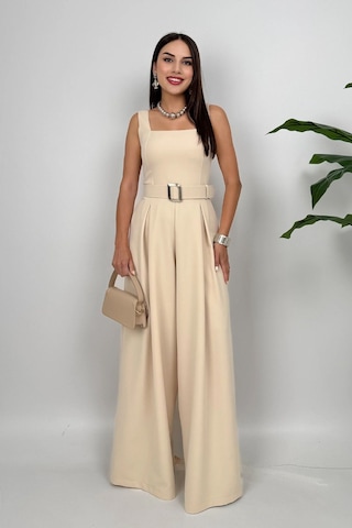 Noir Flow Kadın Taş Kemerli Askılı Bol Paça Tulum Zarif Şıklık Taş