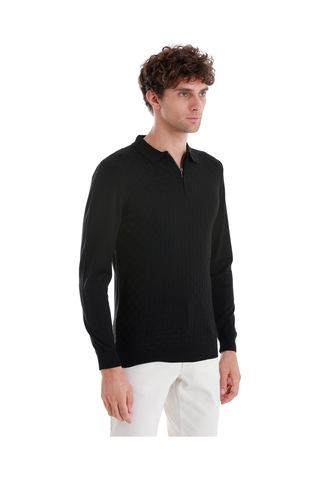 Hatemoğlu Siyah Regular Fit Jakarlı Polo Yaka Yünlü Triko Kazak 34202023a003 002 Siyah
