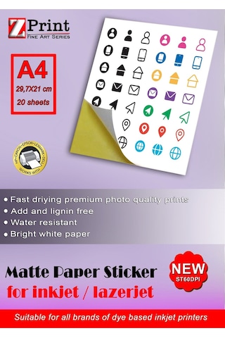 Inkjet Ve Lazer Tüm Yazıcılarla Uyumlu Mat Yapışkanlı Sticker Etiket Kağıt A4 20 Yaprak