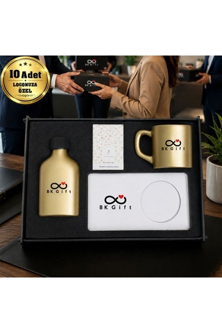 Logonuza Özel 10 Adet Kutulu Ahşap Altlıklı Gold Fincan & Kolonya & & Aromalı Kahve Seti Ahşap Kutulu Kurumsal Hediye Seti