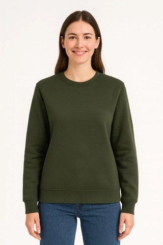 Velmora Fashion Kadın 3 İplik Pamuklu Düz Bisiklet Yaka Sweatshirt - Haki