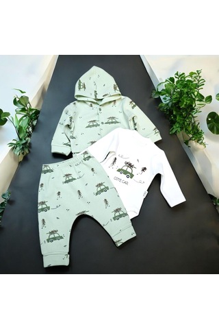 Araba Desenli Hırkalı Erkek Bebek Takım Su Yeşili