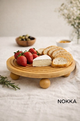 Bambu Top Ayaklı Yuvarlak Stand Çizgi Desenli Sunum Tabağı 28x28cm Renksiz