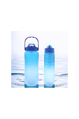 2'li Motivasyonel Matara Seti, 2000-900 Ml, Mavi, Tritan Malzeme, Sporcu Su Matarası Çok Renkli