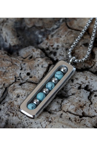 Erkek 316l Firuze Doğal Taşlı Turkuaz Çelik Kolye 9134 Gümüş