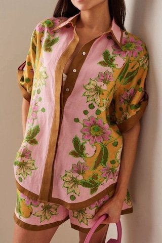 Asprinfashion Kadın İthal Desenli Şort Takım Pembe Gömlek Yaka Bağcıklı Yazlık İkili Takım