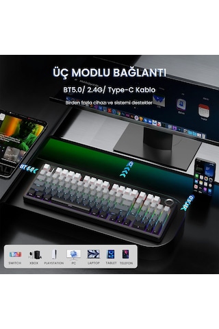 Aula F99 Pro 3 Modlu Rgb Hot Swap Mekanik Nimbus V3 Switch Kablosuz Makrolu Klavye Gradyan Gri