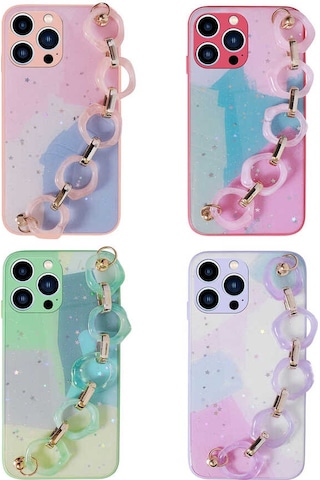 Zore Apple Uyumlu iPhone 13 Pro Max Simli Desenli El Askılı Tutacaklı Elsa Silikon Kılı Pembe Koyu