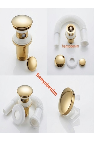 Pop Up Sifon Taşma Delikli Porselen Kafa Gold Renk Sifon Ve Gold Renk Lavabo Yüzüğü Lavabo Sifonu
