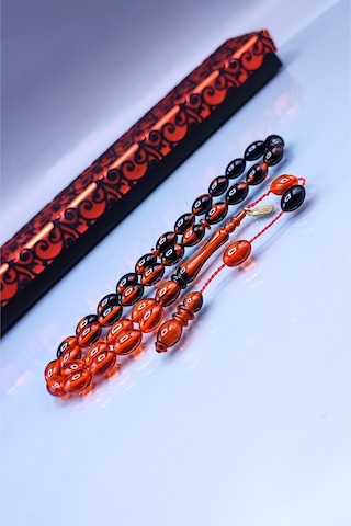 7 x 11 MM Beyzi Mustafa Uysal İmzalı Turuncu Siyah Ateşi Kehribar Tesbih