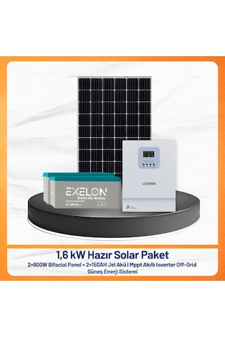 1.6 Kw Hazır Solar Paket 2x600w Bifacial Panel + 150ah Jel Akü + Mppt Akıllı Inverter Off-grid Güneş Enerji Sistemi