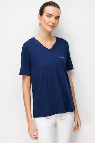 Desen Triko Kadın V Yaka Cebi Saten Şeritli Penye T-shirt 26828 Lacivert Lacivert