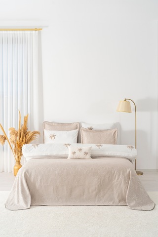 Palmiye Vizon Nakışlı Çift Kişilik Nevresimli Pike Seti - 8 Parça Çeyiz Seti Vizon