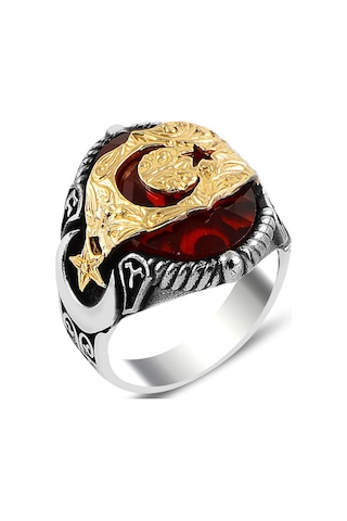 925 Ayar Gümüş Kırmızı Zirkon Taşlı Ay Yıldız Erkek Yüzük