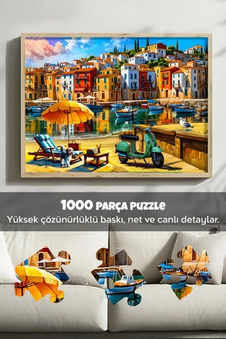 1000 Parça Seaside Town Puzzle - Kasabada Sahil Manzarası Sahil Kasabası Yapboz 68x48 Cm