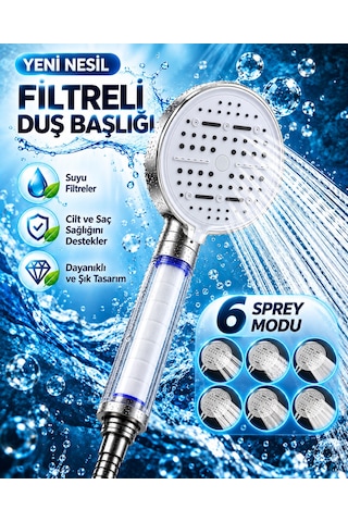 Modern Tasarımlı 6 Modlu Filtreli Duş Başlığı Büyük Panel Metalik Beyaz Duş Aparatı