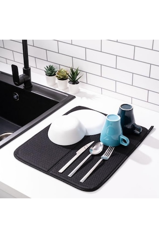 Mikrotex Bulaşık Matı Süper Emici Bulaşık Kurutma Matı 45x36cm Tezgah Üstü Bulaşık Matı Siyah