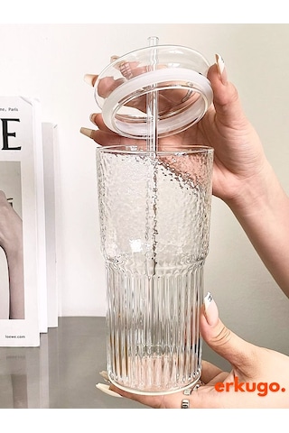 Borosilikat Sunum Bardağı Kapaklı Pipetli Bardak Kahve Bardağı Isı Dayanıklı 600 ML Macchiato