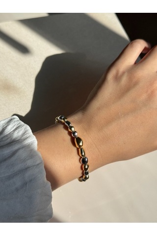 Çift Renk Taş Formlu Kadın Çelik Bileklik Altın & Gümüş Detaylı Altın