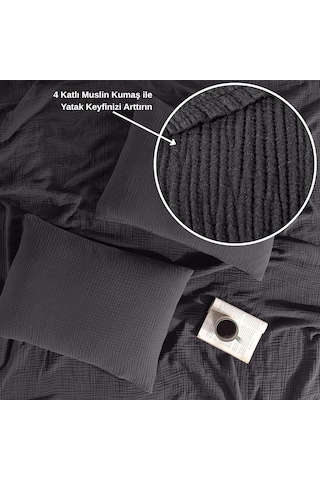 Rayme Tekstıl Müslin Yatak Örtüsü Seti Çift Kişilik, Şık Düz Renk 100% Pamuk 4 Kat Muslin Yastık Kılıflı Pike Takımı, Denizli Üretimi Antrasit, Çift Kişilik Set 230x250 Cm Sku: Smg8690010180360 Açık Gri
