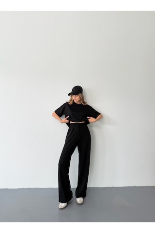 Kadın Modal Kısa Kolu Soft Touch Spor Takım Siyah