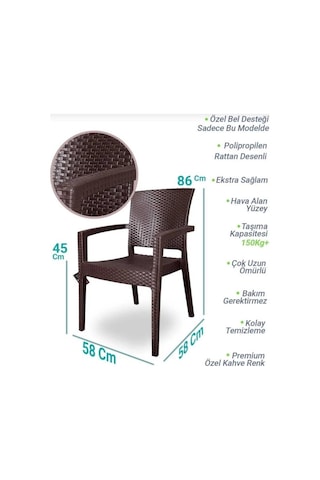 4 Adet Zeugma Rattan Kollu Sandalye Koltuk Kahve Kahverengi