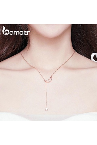 Bamoer 100% 925 Ayar Gümüş Kolye Yeni Ay ve Yıldız Kolye Kadınlar Için Gümüş Takı