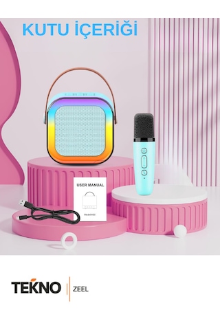 Teknozeel Mikrofonlu Karaoke 5 Ses Efektli Rgb Led Işıklı Bluetooth Kablosuz Hoparlör Ses Bombası Mavi Renk