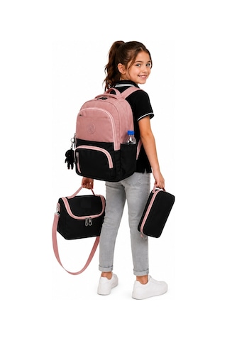 İlk Okul Çantası 3'lü Seti Unisex Çocuk İlkokul Çantası Bvt-8010 Pudra-siyah Pudra