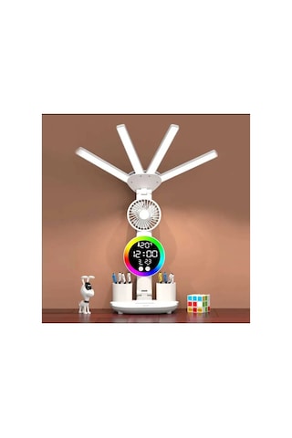 Çok Fonksiyoklu Masa Lambası Rgb Led Işıklı Saat Takvim Derece Vantilatör Kalemlik