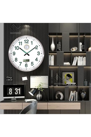 Basınç Isı Sıcaklık Ölçerli Tarih Göstergeli Fosforlu Duvar Saati Gümüş - Beyaz