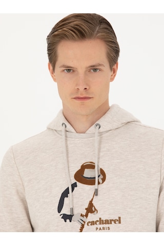 Bej Melanj Regular Fit Pamuk Karışımlı Kapüşonlu Sweatshirt