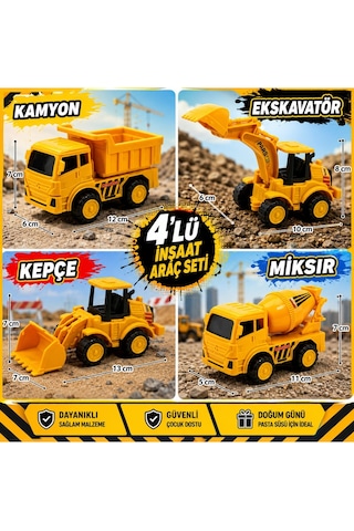 Kamyon Kepçe Dozer Beton Mikseri 4'lü Oyuncak Araba Şantiye Seti