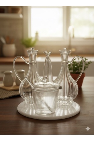 Morponi Cam Yağlık Ve Tuzluk Seti Mermer Altlıklı Şık Sunum 3'lü Set Glorry Çizgili Tasarım Şeffaf