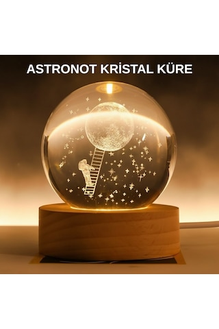 3d Astronot Kristal Küre Gece Lambası Usb Ahşap Standlı Dekoratif Işık