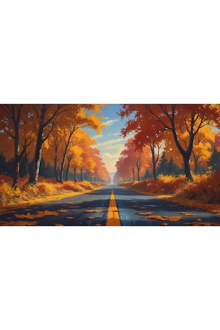 Doğa Ve Manzara Yatay Sonbahar Ağaçlarının Arasında Ufka Doğru Uzanan Yalnız Yol 08 Çerçevesiz 90x60cm Pvc Tablo