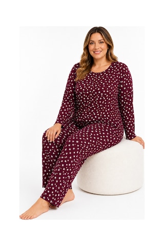 Sleeproom Büyük Beden Kadın Mevsimlik Pointiel Yıldız Desen Pijama Takımı Bordo