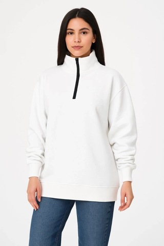 Valensdesign Üç İplik Dık Yaka Yarım Fermuarlı Sweatshirt - Beyaz