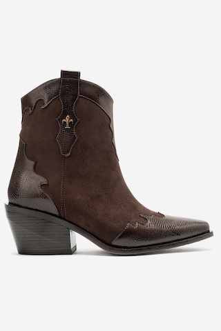Luvishoes Luvi Shoes Loel Kahverengi Süet Kahverengi Desenli Kadın Kalın Topuklu Western Bot Kahverengi Süet
