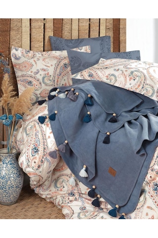Boho Chic Çift Kişilik Püsküllü Battaniyeli Nevresim Seti - Cobal