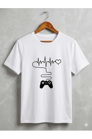 Erkek Beyaz Gamer Oyun Konsolu Kalp Ritmi Baskılı %100 Pamuk T-shirt Beyaz