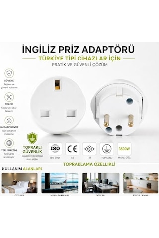 İngiliz Priz Adaptörü, Uk Fiş Dönüştürücü, Topraklı Seyahat Adaptörü Türkiye Tipi Cihazlar İçin 3500w Güç, Tse & Ce Sertifikalı Yanmaz Gövde - İngiltere Dubai Hong Kong Singapur Almera