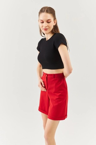 Kadın Kısa Kol Bisiklet Yaka Vücuda Oturan %100 Pamuklu Kaşkorse Esnek Crop Bluz Siyah