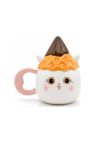 Şapkalı Kedi Figürlü Dolomite Kupa, El Yapımı 450 Ml Kapaklı Mug Beyaz