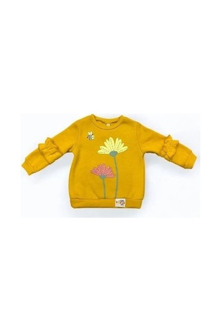 Kız Çocuk Kolları Fırfırlı İçi Şardonlu Çiçek Baskılı Sweatshirt-14348 HARDAL