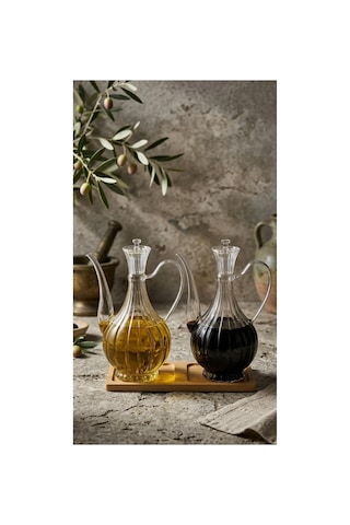 Fıre Kıng Panda Cam Yağdanlık 750ml+750 Ml Glory Çizgili Bambu Stantlı Borosilikat Sirkelik Şeffaf