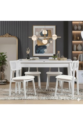 Marel 4 Kişilik Açılır Yemek Masası Takımı Modern Ve Şık Tasarım Beyaz Beyaz