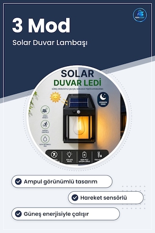 Ampul Model Solar Led Duvar Aplik Hareket Sensörlü Güneş Enerjili