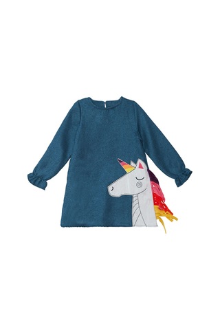Renkli Unicorn Kız Çocuk Dokuma Lacivert Kışlık Elbise