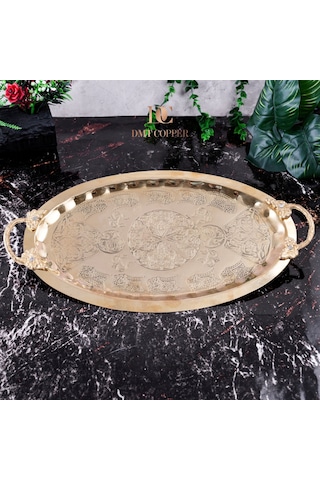 Dmt Gaziantep Bakır 34,5 Cm Osmanlı El İşi Sunum Tepsi Kına Tepsisi 34.5cmx21.5cm Gold